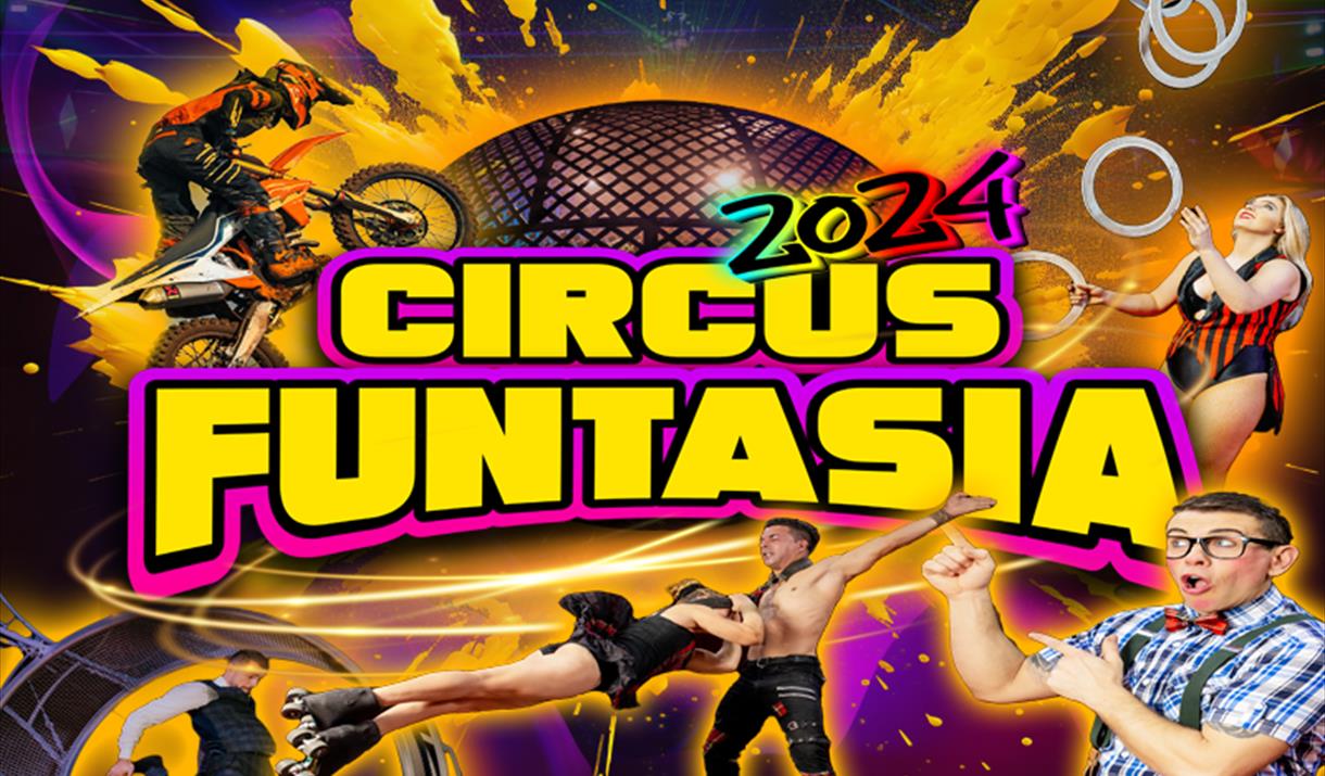 Circus Funtasia poster with circus acts performing in bright yellows and purples.