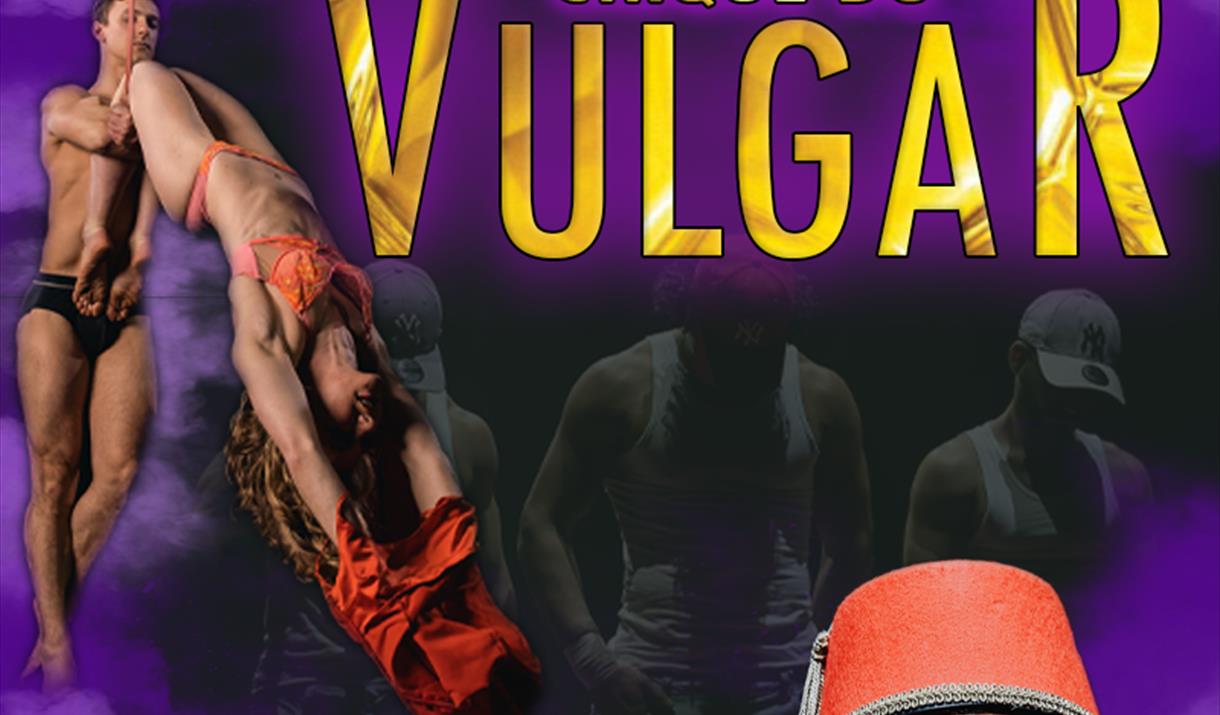 Cirque du Vulgar poster of words and acrobats flying through the air.