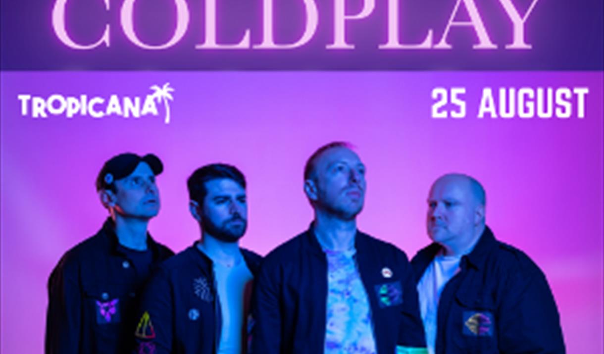 Four members of a band with a blue wash over them standing against a lilac background