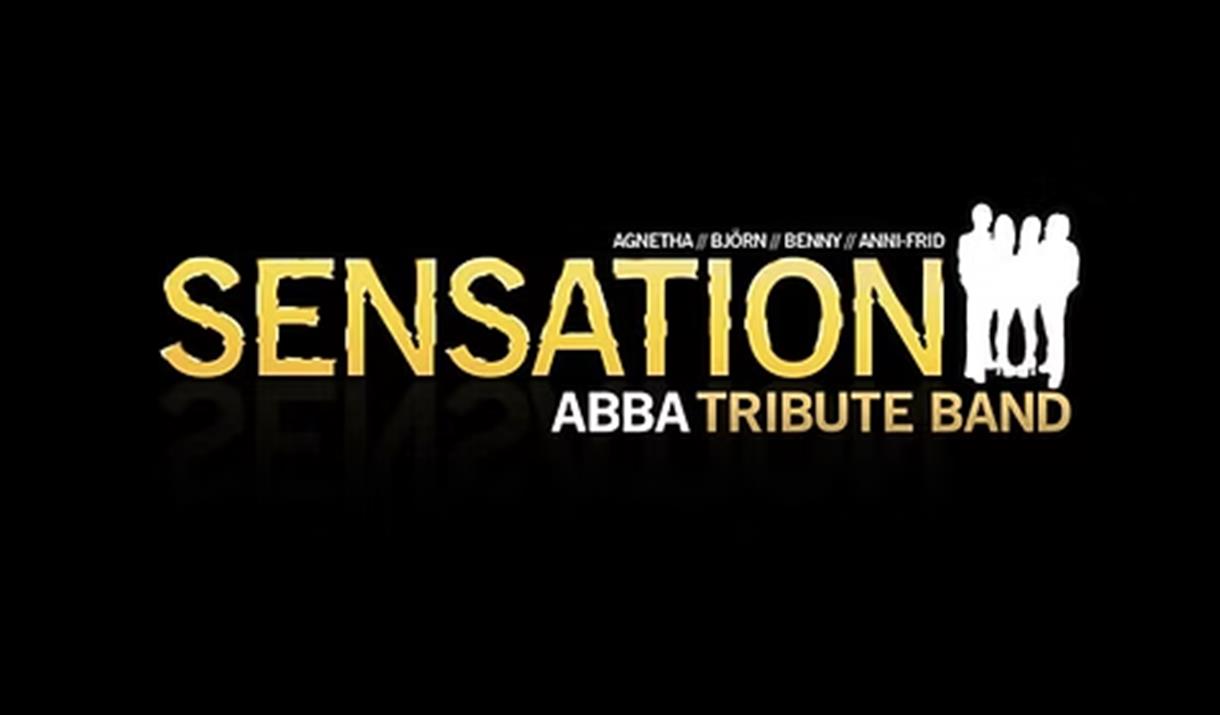 Black background with gold and white text plus white silhouettes of Abba