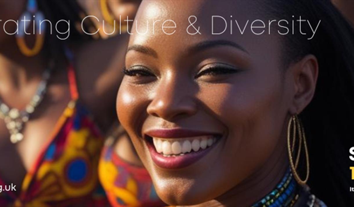 Close up of a performer in an African carnival to advertise Afri-Fest in Weston-super-Mare