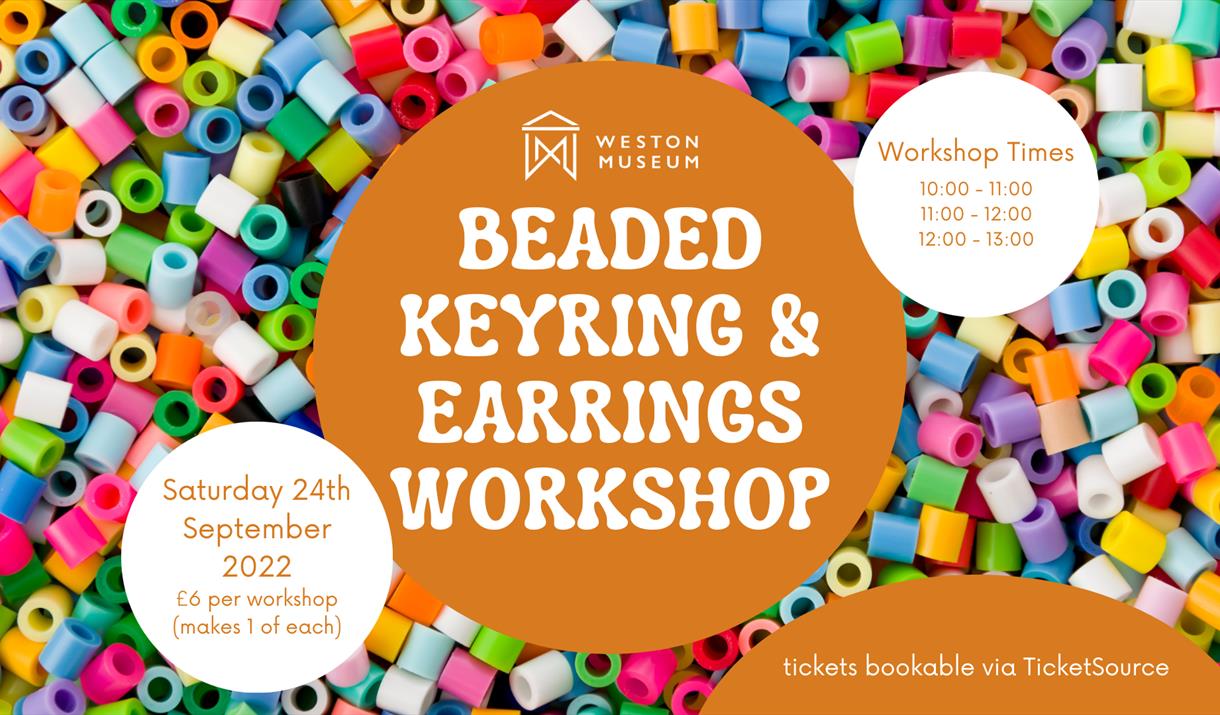 background of miscellanous small beads, with the overlay text announcing the workshops