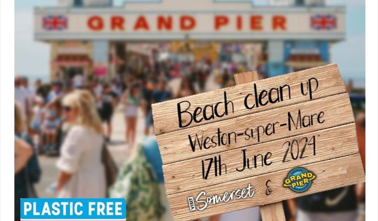 Wood Beach Clean placard in front of Grand Pier entrance