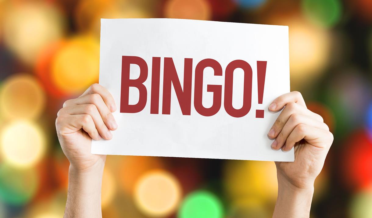 Two hands holding up a bingo card with the word bingo on it