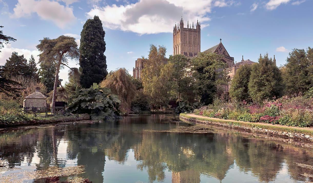 A lake with pretty floral borders and trees in the foreground with Wells Cathedral in the background