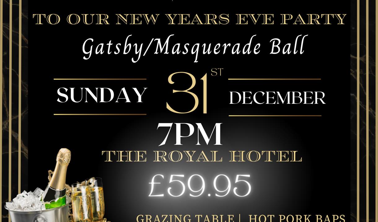 New Years Eve poster - Art Deco design for Gatsby party.  Image of champagne bucket and champagne flutes.