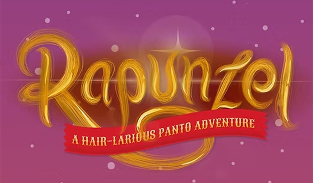 Purple background to a poster with the words Rapunzel - a Hair-larious panto adventure