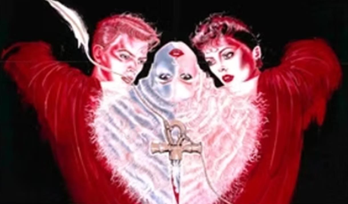 Three ghostly red and white people with the central one facing forwards but with her head tipped backwards behind her