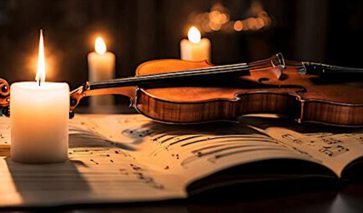 A burning candle on top of some sheet music with a violin