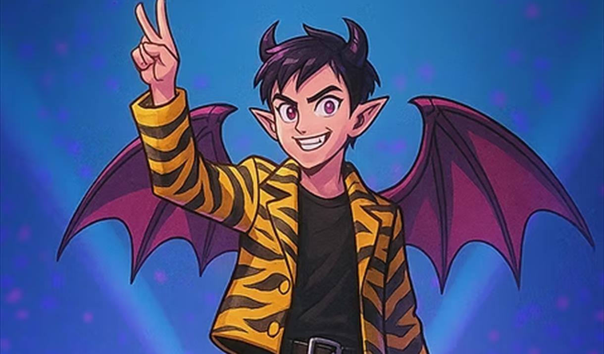 Cartoon character in yellow and black jacket with Batman style wings and devils horns creating a Victory hand sign