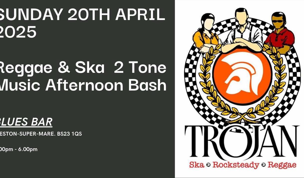 A black and white flyer with a cartoon style graphic advertising a Reggae & Ska 2Tone music afternoon at the Blues Bar, Weston-super-Mare