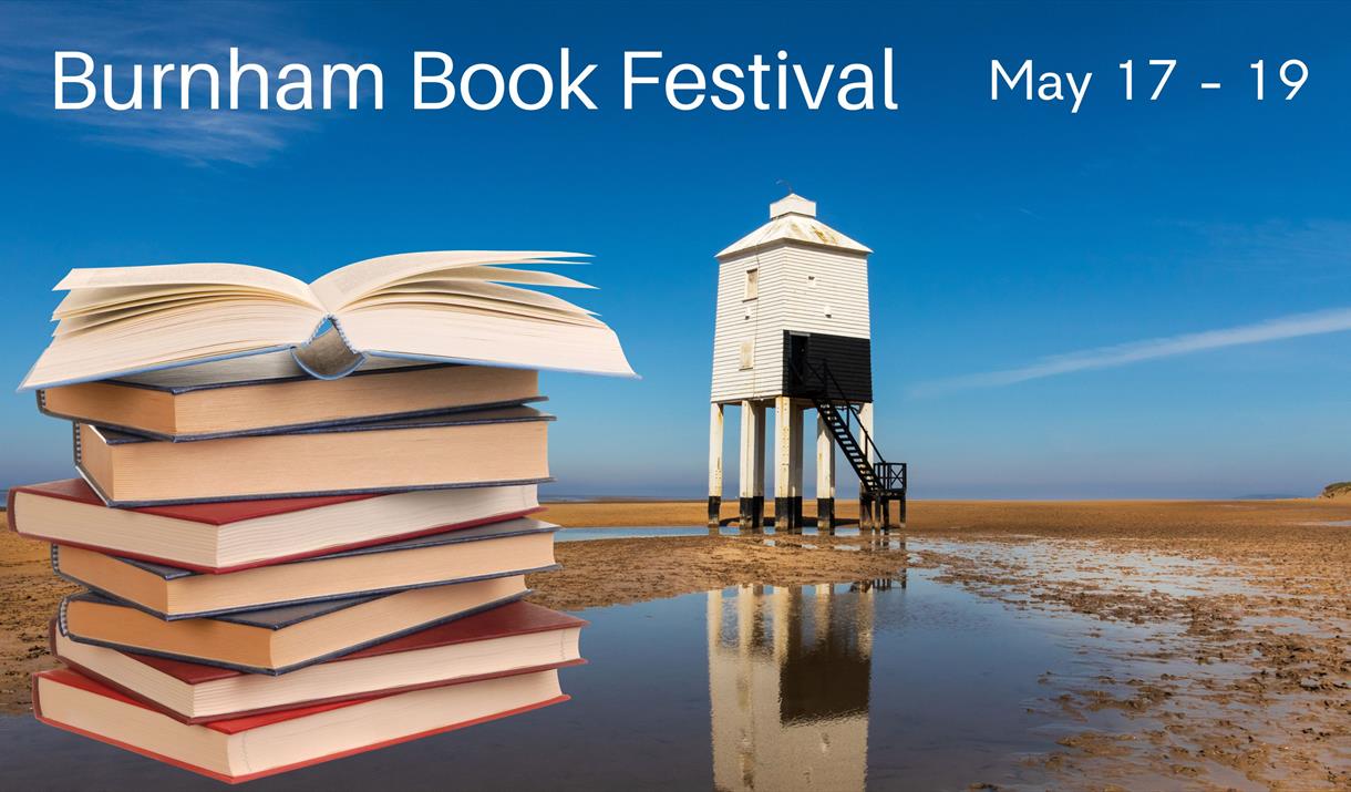 View of a wooden lighthouse on a beach with a stack of books super-imposed on the image to advertise a book festival