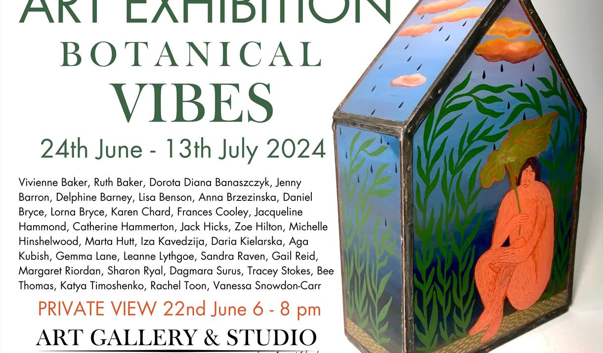 Exhibition poster with information about the event and a glass house painted with bright colours.