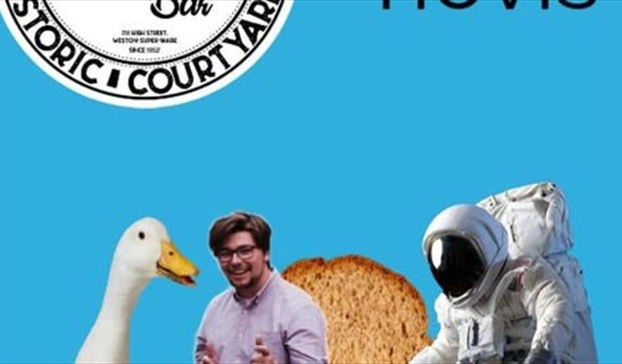 A goose, a piece of bread, a spaceman and a man set against a blue background
