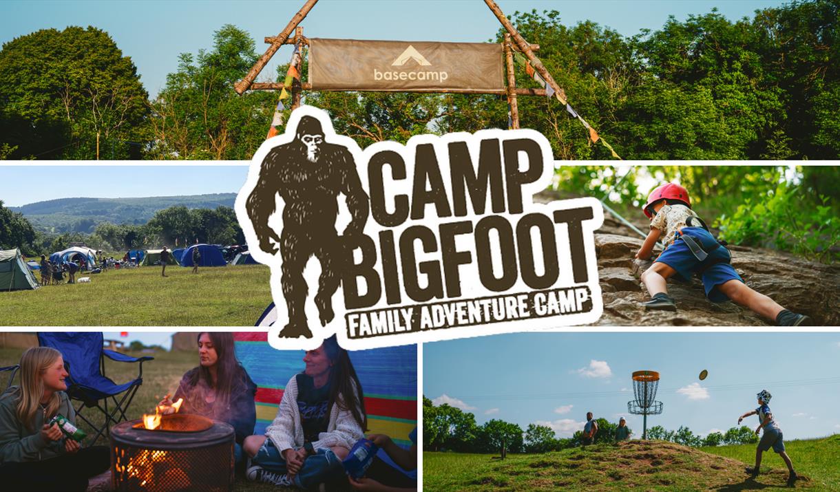 Five photo collage with Camp Bigfoot logo. Includes photos of child rock climbing, family playing frisbee golf, three young girls sat round campfire,