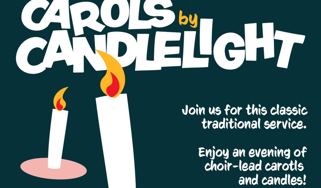 Poster depicting an artistic impression of two white candles burning with a flame advertising a carols by candlelight event