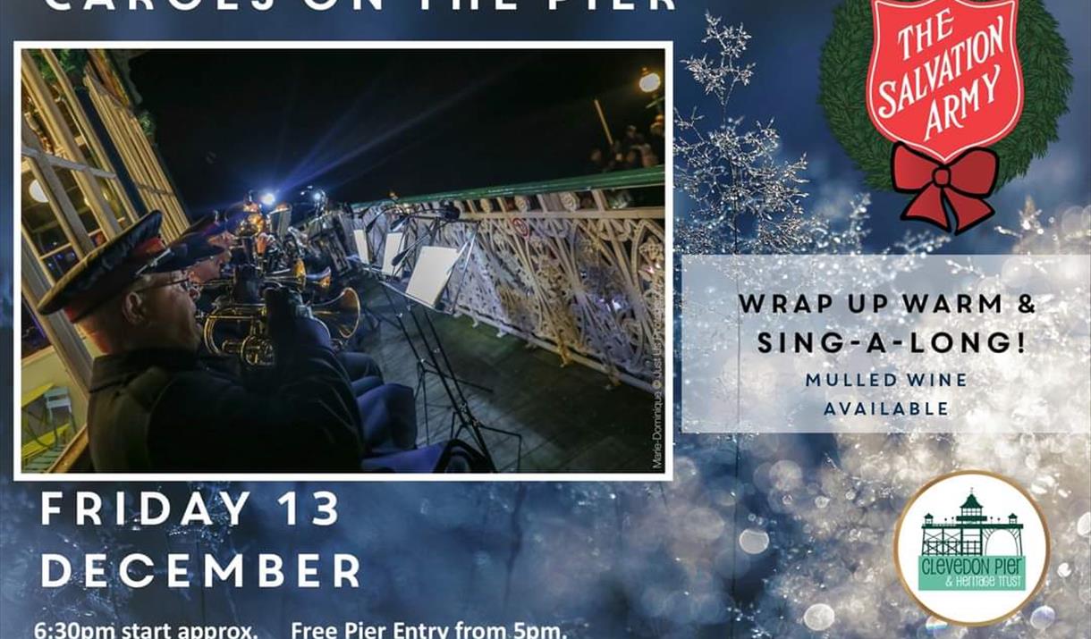 A poster featuring the Salvation Army Band to advertise a night of Christmas Carols on Clevedon Pier