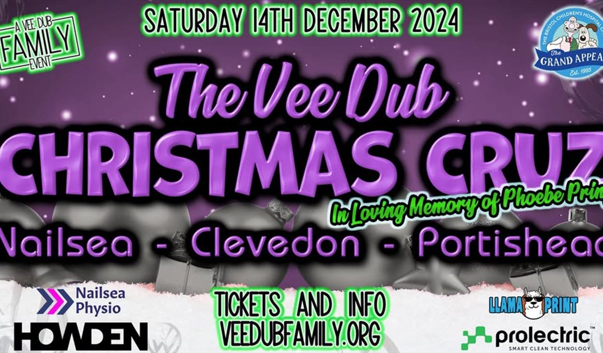 Largely purple poster advertising the Christmas Vee Dub Cruz for VW vehicles decorated in Christmas lights driving around Clevedon, Portishead and Nai