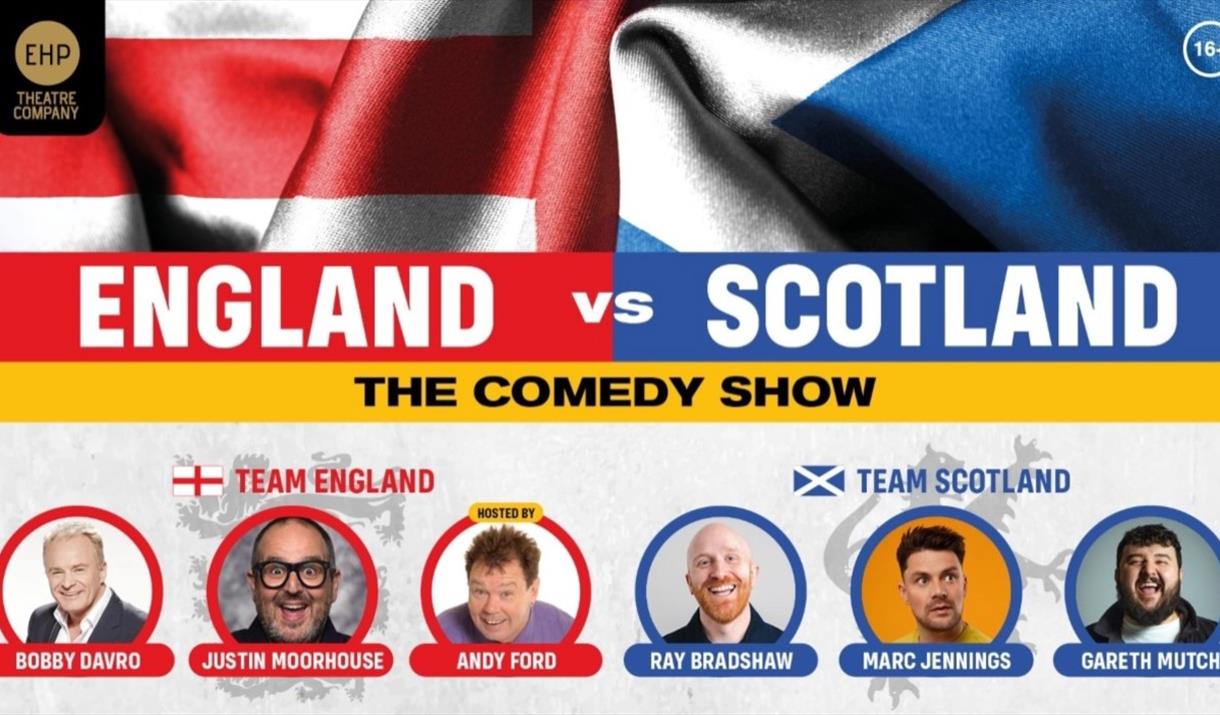 Poster featuring mug shots of six comedians beneath their flags advertising an England v Scotland comedy show