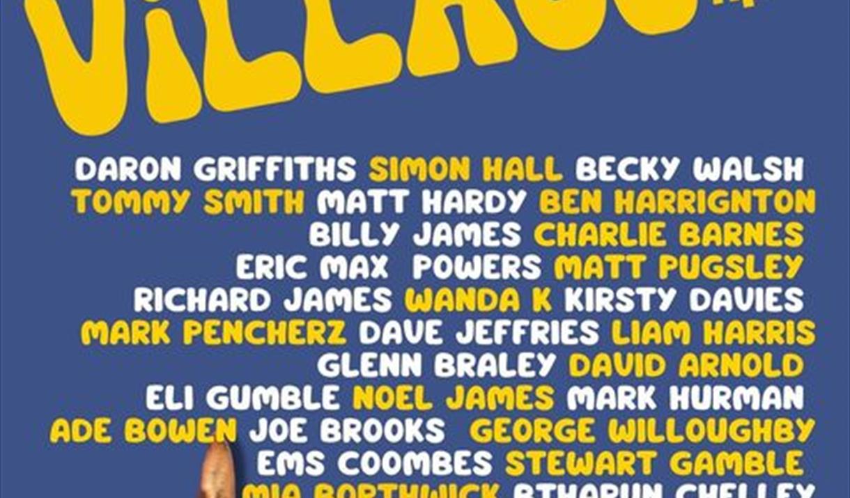 Comedy village poster in blue, yellow and white