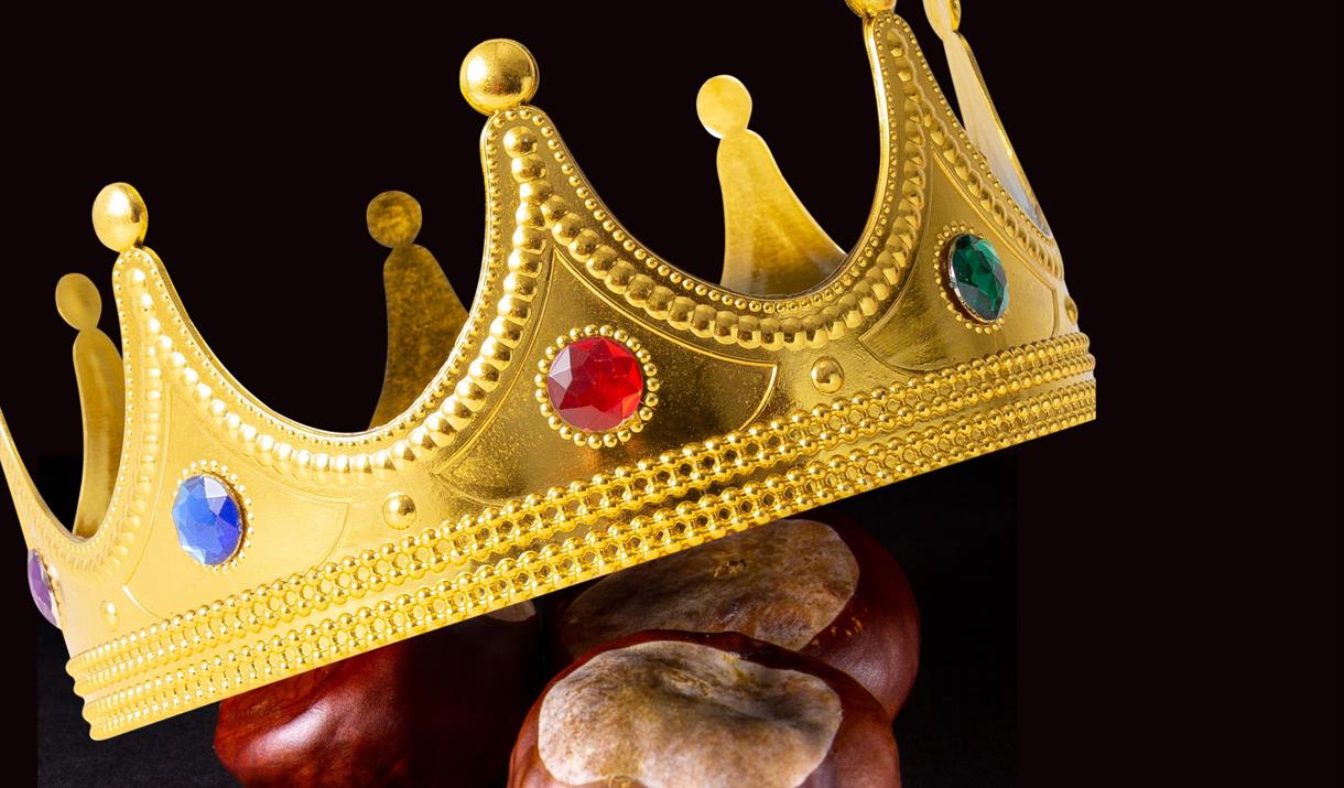 A golden crown on top of three conkers to advertise a conkers competition in Weston-super-Mare