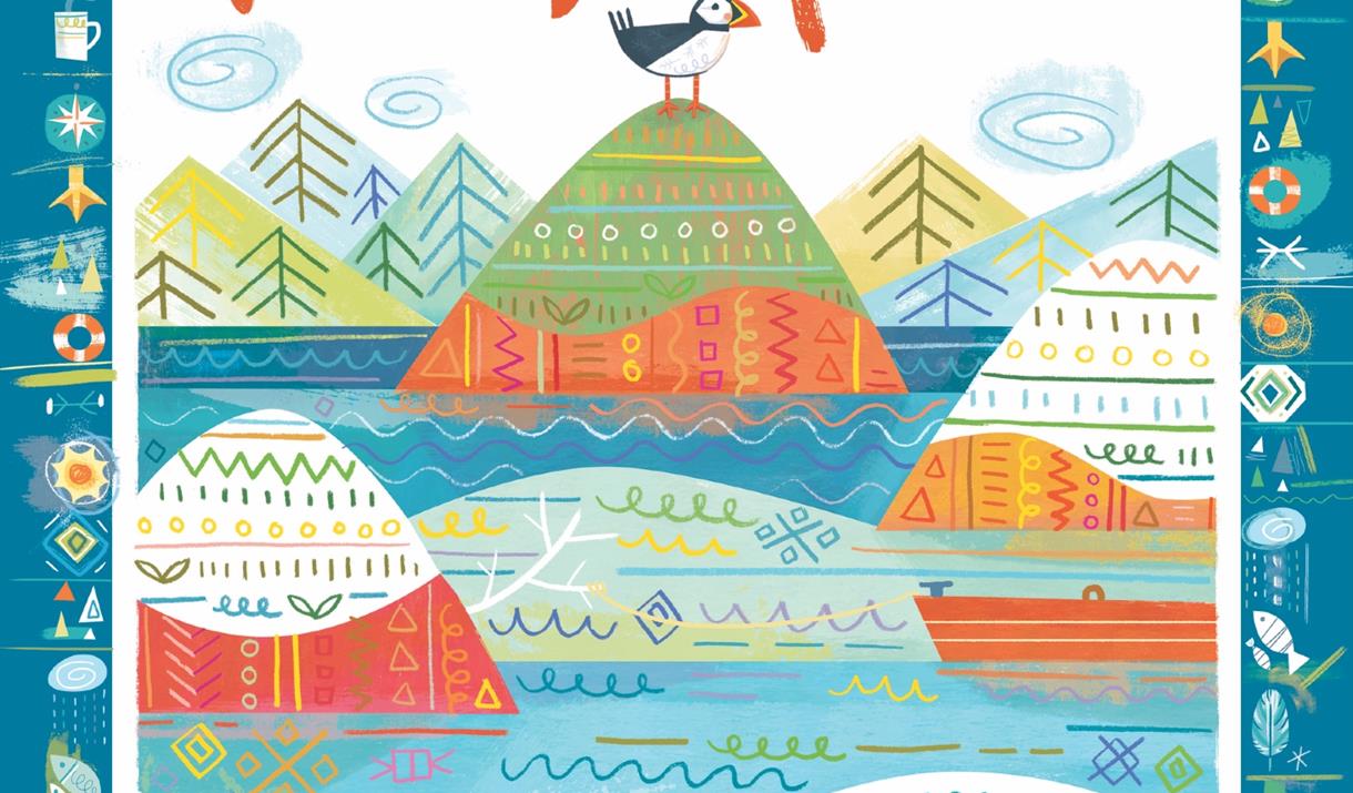 Much Ado About Puffin artwork.  Lone Puffin sat on a hill.