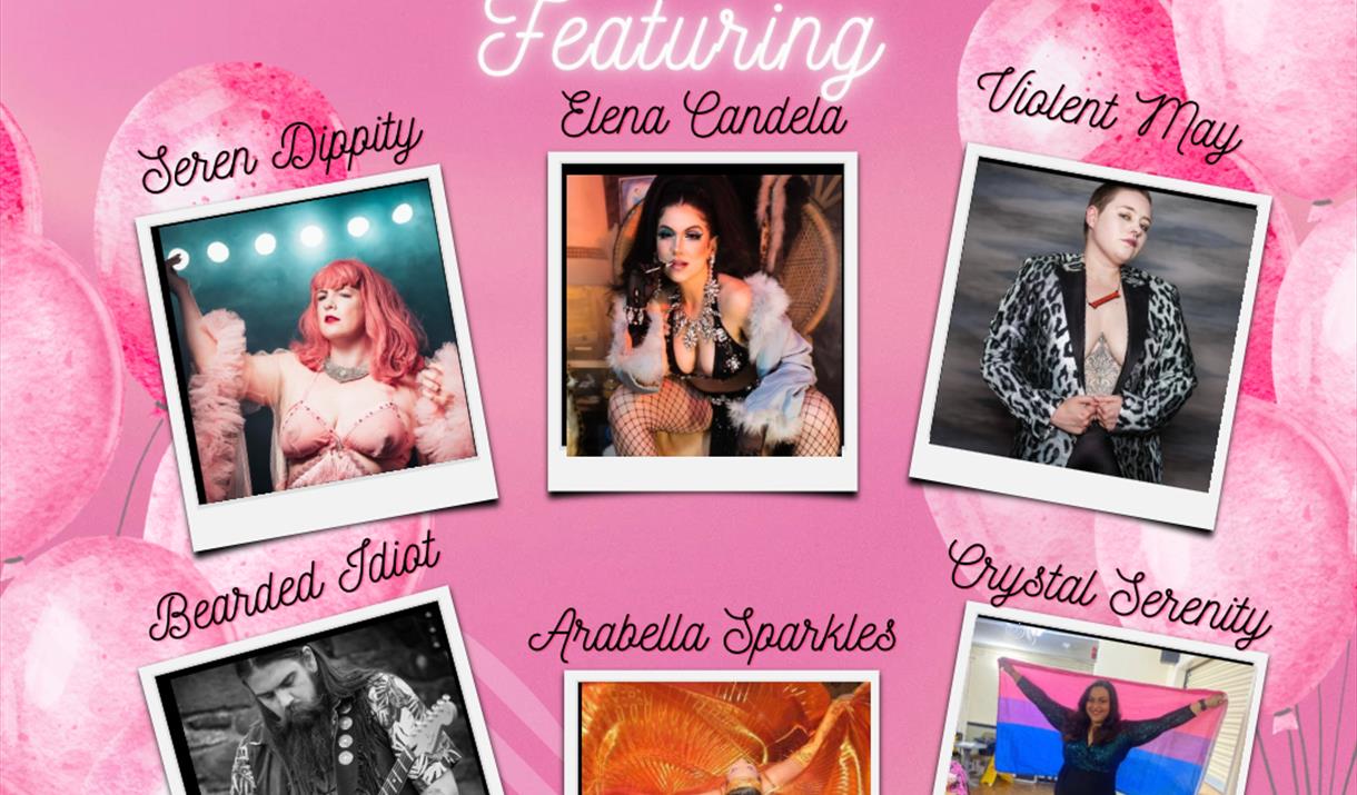 A pink poster with Polaroid images of the performers performing at the Seren Dippity Valentine Cabaret