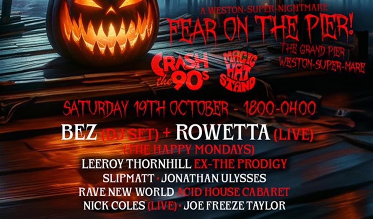 Poster with Fear on the Pier event details and a image of a pumpkin that has been carved.