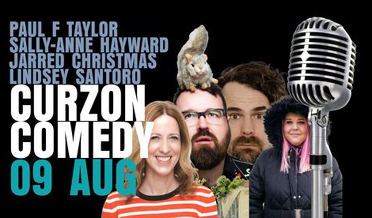 A picture of four comedians and a squirrel advertising a night of comedy at Clevedon's Curzon Cinema