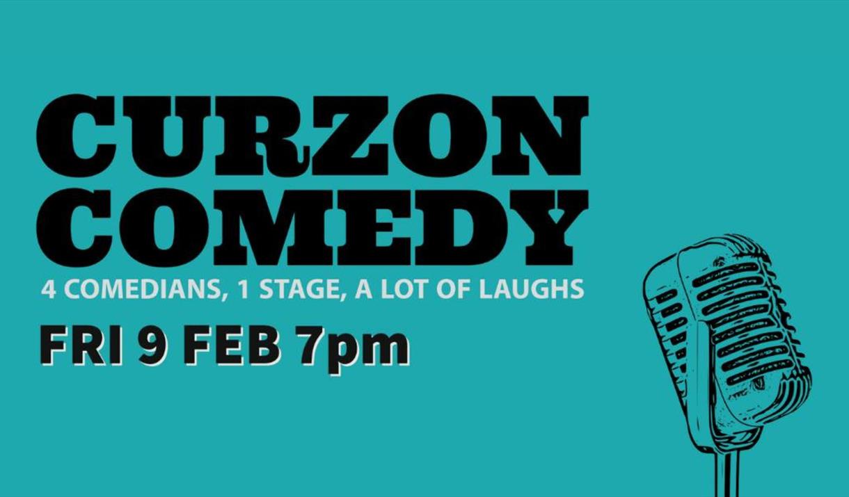 Flyer featuring an old-style microphone advertising Curzon Comedy night