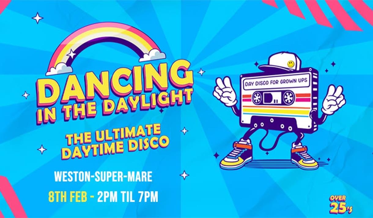 Poster advertising a day-time disco featuring a cartoon person with the body of an old style tape cassette