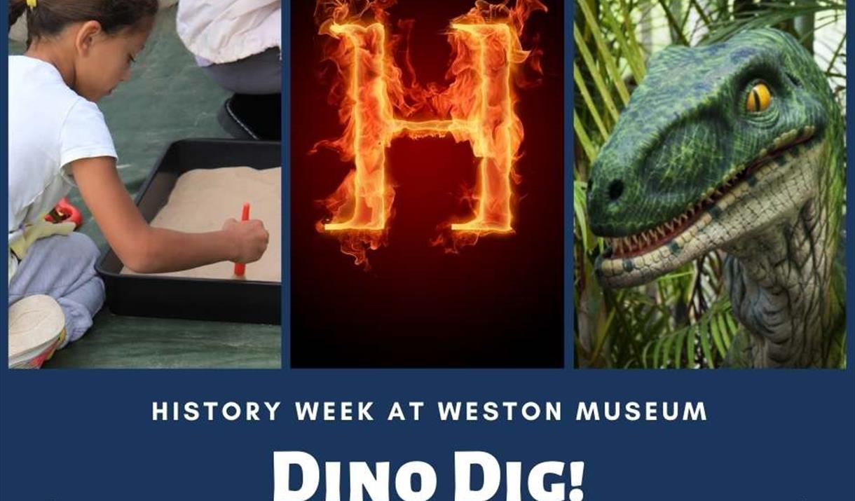 Poster with child digging in sand tray, H for History in flames and a dinosaur