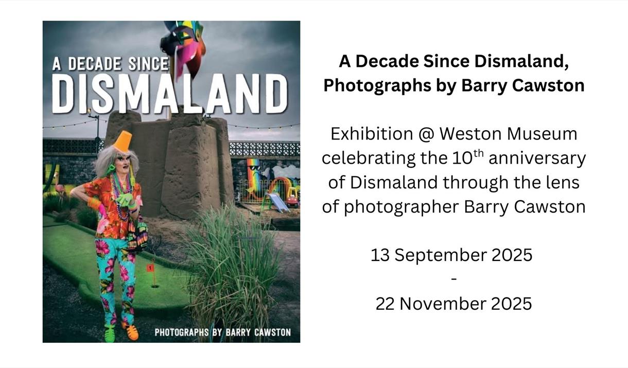 A half an half flyer featuring a picture of Banksy's Dismaland in Weston-super-Mare on one half and on the other half, words advertising an exhibition