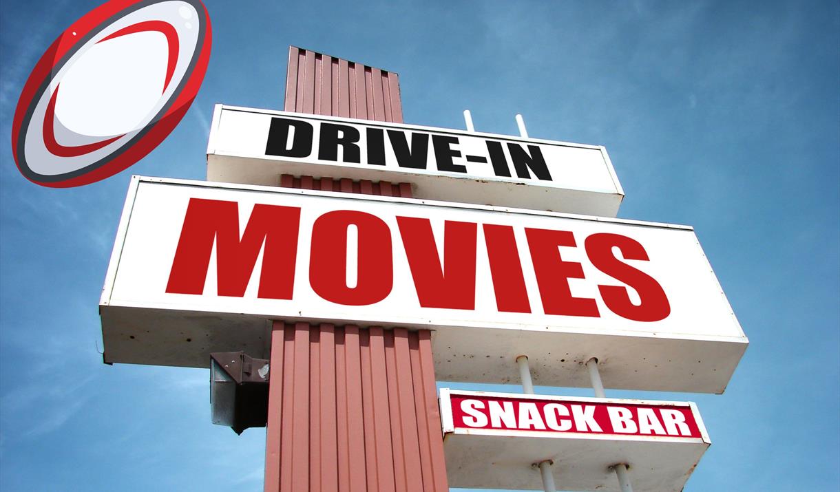 An American-style Drive-In movies sign with a rugby ball super-imposed on it