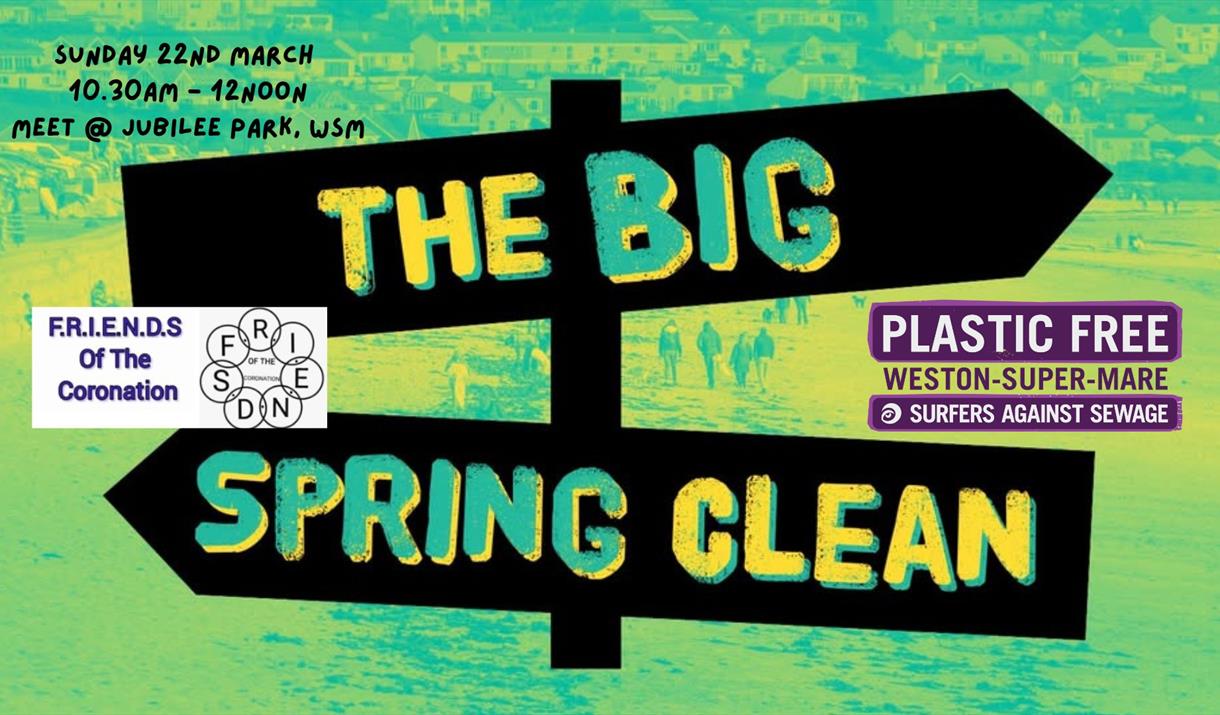 A signpost with the words The Big on one "finger" and Spring Clean on the other.  On the right of the picture is the logo for Plastic-free Weston-supe