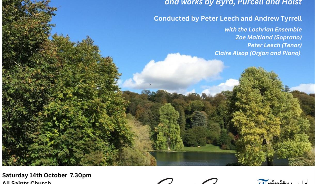 A lake, trees and blue sky picture topped with words to advertise an English Serenade