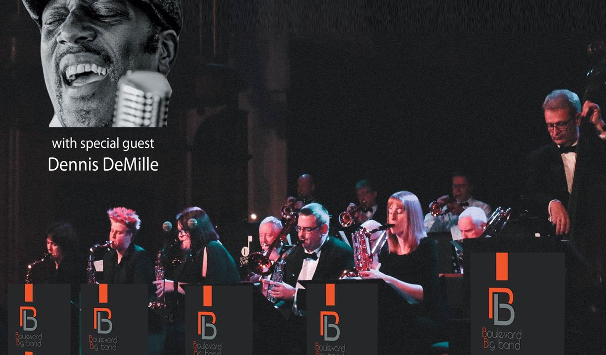 Boulevard Swing dance in Weston.  Photograph of swing big band musicians and Dennis DeMille.