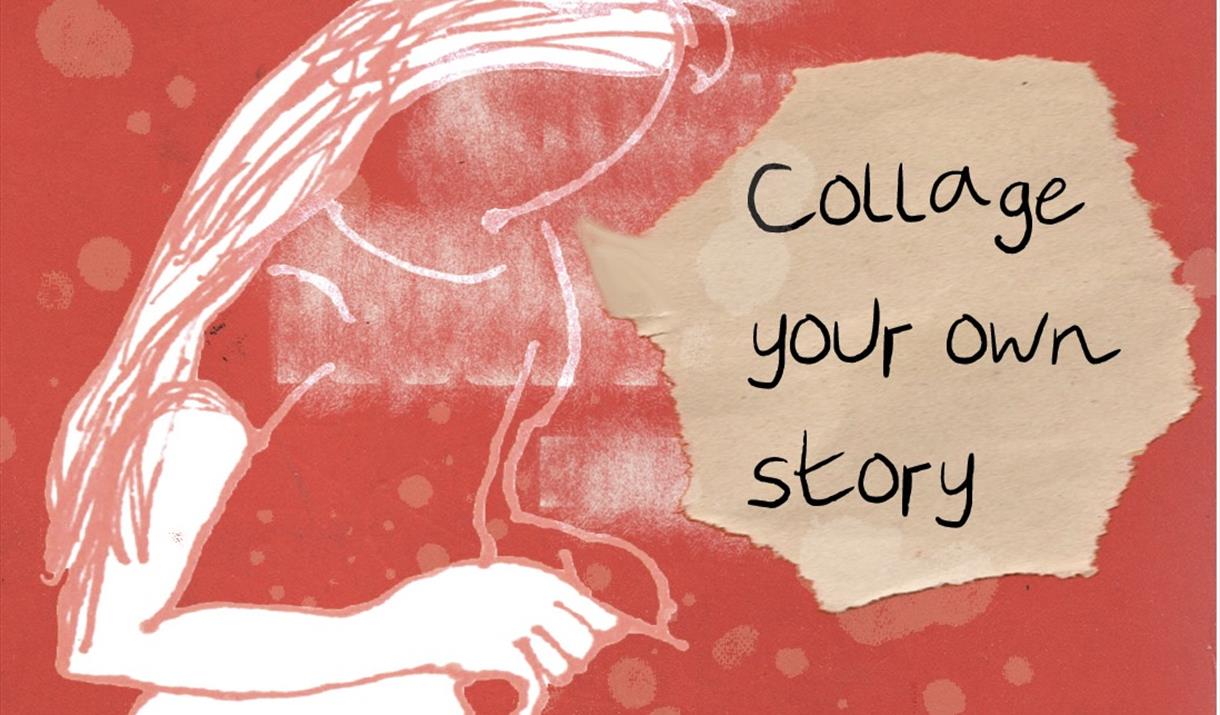 A red sketch of a person with long hair drawing. The text reads: Collage your own story