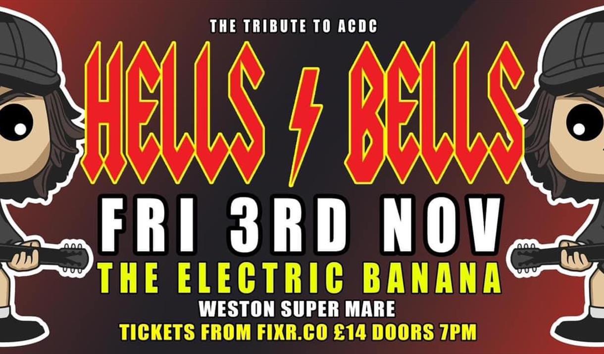 Cartoon image of AC/DC performers 'Hells Bells' with information about the event.