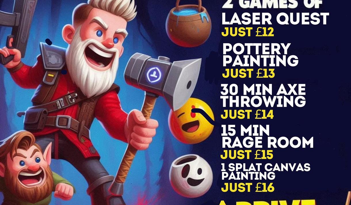 Cartoon image of a man axe throwing and playing laser quest with all venue information