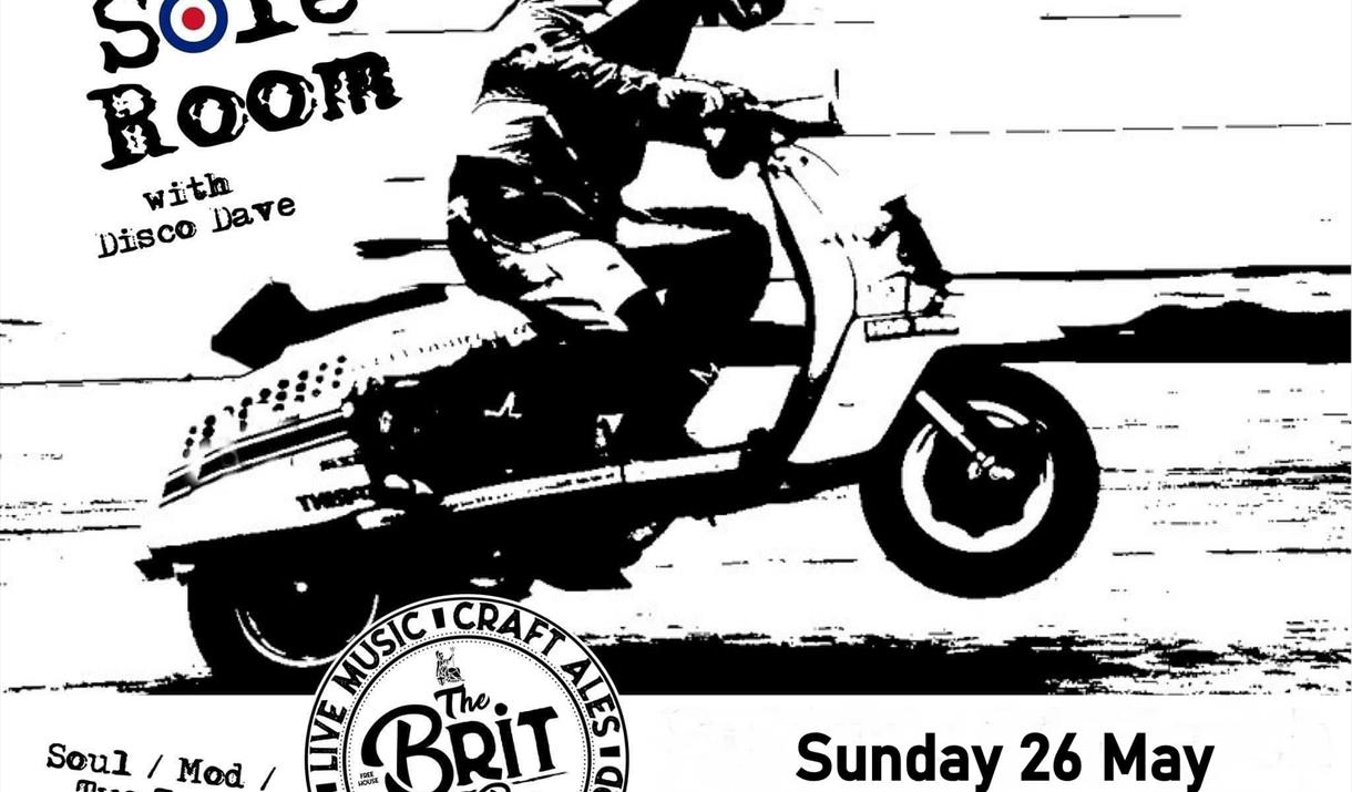 Black and white drawing of a mod on a scooter with information about the event