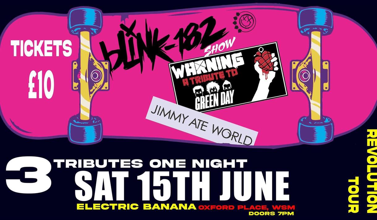 Bright pink poster with event details.  Drawing of a skateboard.