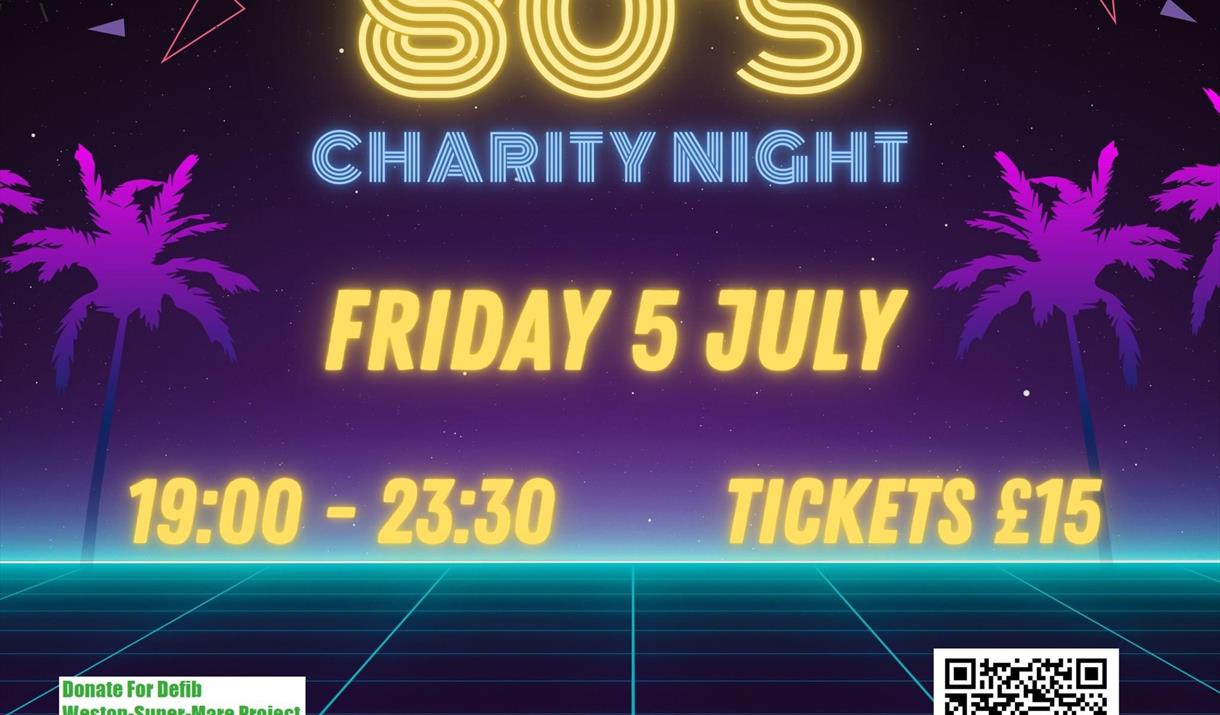 Purple poster with 80's charity night details.