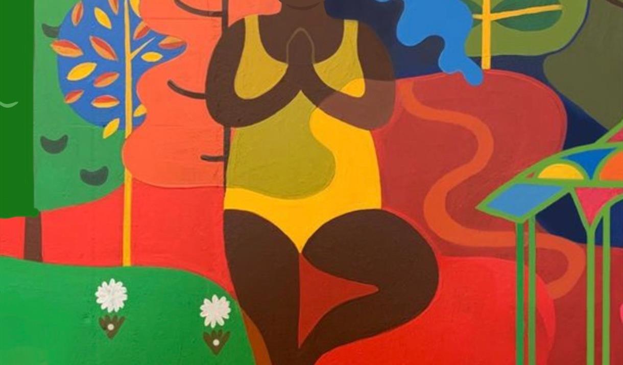 Brightly coloured artist impression of a lady doing yoga and being mindful.