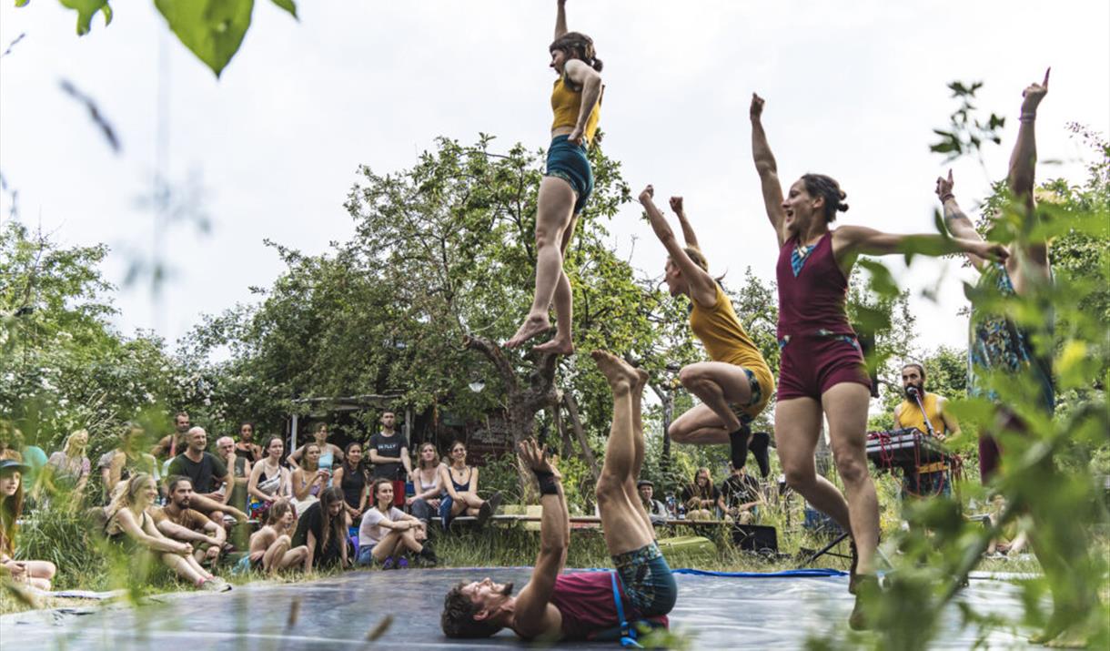 Photographs of acrobats in the air and having fun.
