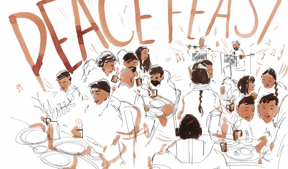 Image of a peace feast with hand drawings.