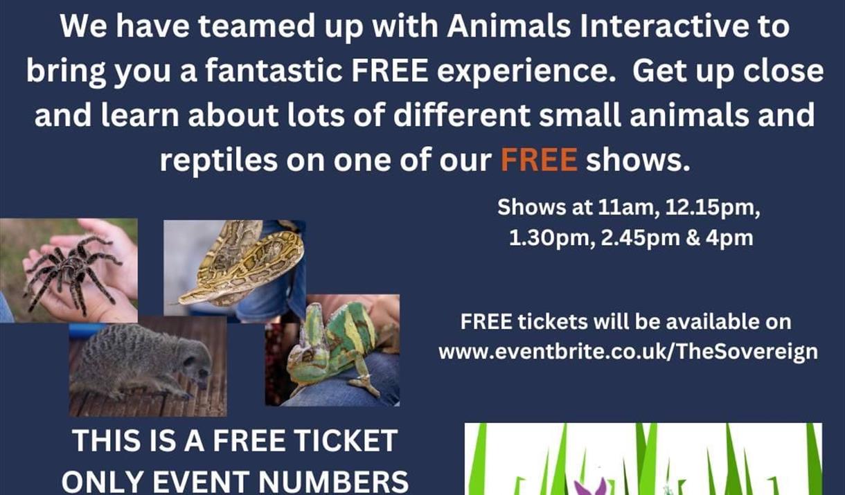 Blue poster with event information and pictures of animals.