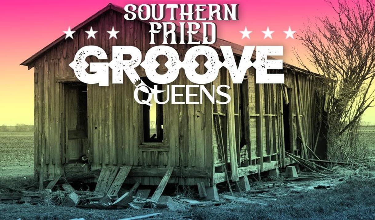 Groove Queens poster with wooden shack and event details.