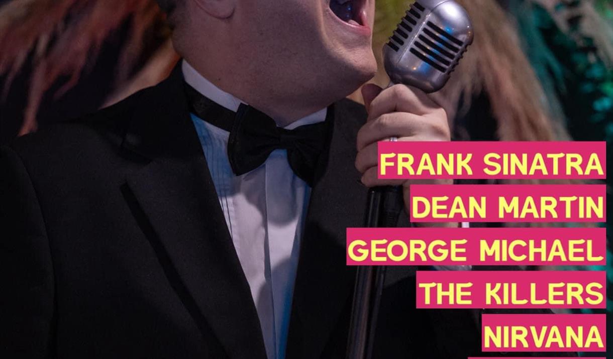 Image of Danny singing into a microphone on a stage and all event information.