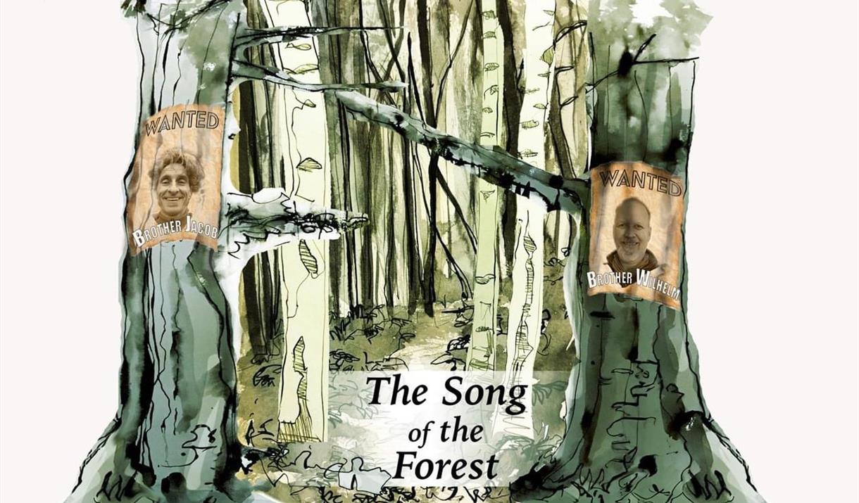 Poster of a drawn forest with images of the two story tellers.